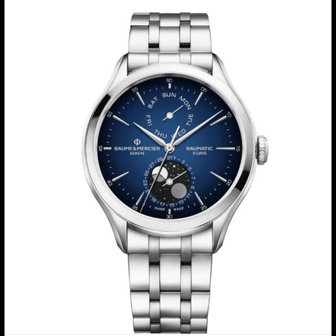 BAUME&MERCIERBaume & Mercier Clifton MOA10725 Men's Automatic Watch - 42mm Stainless Steel Case, Blue Lacquered Dial, Day - Date, Moon Phase, Stainless Steel BraceletWATCHESEcecile