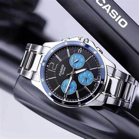 CASIO & VINTAGECasio MTP - 1374D - 2AVDF Men's Stainless Steel Watch – Black Dial, Blue AccentsWATCHESEcecile