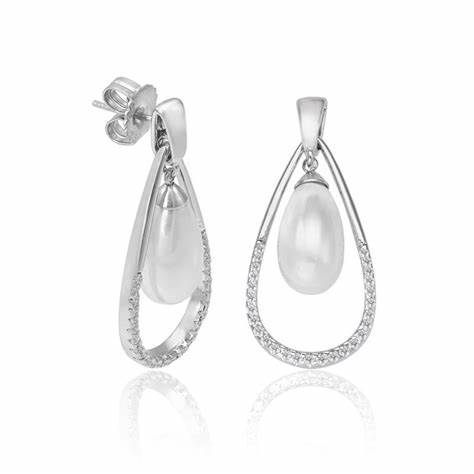 Majorica Noëlla Earrings 16358.01.2.000.010.1 – 925 Silver, 8x15mm White Teardrop Pearl, Cubic Zirconia