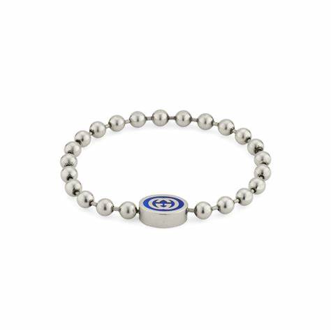Gucci - Bracelet en argent sterling et émail bleu avec chaîne à boules G imbriquées - Taille 18cm
