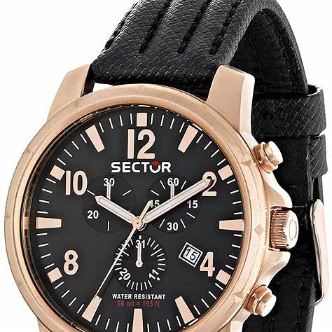Sector R3271689003 Men's Chronograph Quartz Watch - 48.26mm Black Dial, Rose Gold-Tone Stainless Steel Case, Black Leather Strap