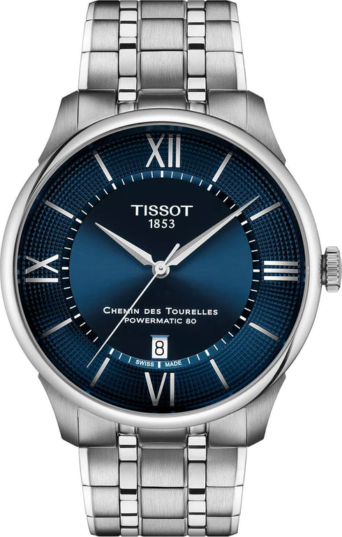 TISSOTTissot Chemin des Tourelles Powermatic 80 42mm Men's Watch – Blue Dial, Stainless Steel Bracelet, Swiss AutomaticWATCHESEcecile