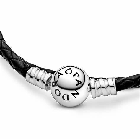 PANDORAPandora 590745CBK - D1 Double Black Leather Bracelet – Sterling Silver Clasp, 35cmBIJOUXEcecile