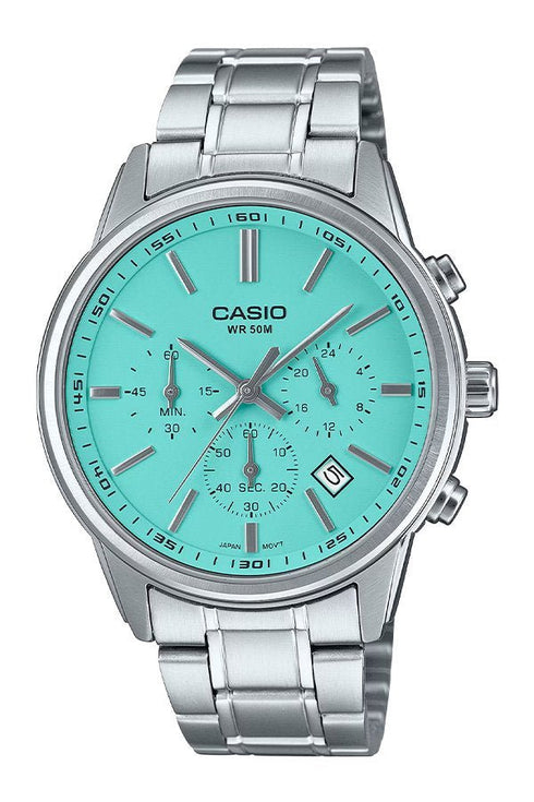 CASIO & VINTAGECasio MTP - E515D - 2A2VDF Men's Chronograph Watch - Stainless Steel, Turquoise Dial, 50M Water ResistanceWATCHESEcecile