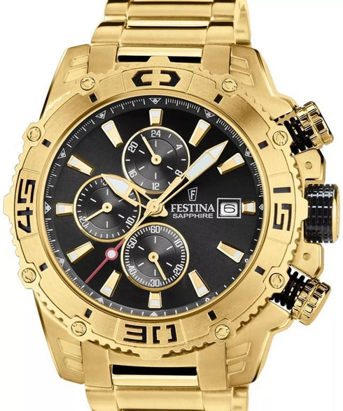 Festina Prestige F20492/4 - Chronographe en or 48.5 mm, cadran noir, bracelet acier