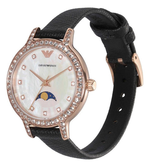 EMPORIO ARMANIEmporio Armani AR11514 Women's Moonphase Watch - Rose Gold, Black StrapWATCHESEcecile