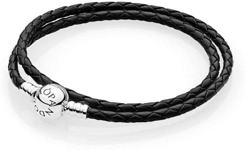 Pandora Moments Double Black Leather Bracelet 590745CBK-D2 - Sterling Silver Clasp, 38cm