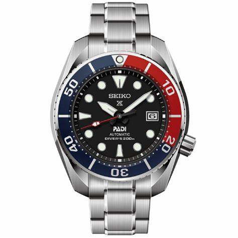 Seiko Prospex SPB181J1 Reloj de buceo automático para hombre - Edición especial PADI, esfera negra, bisel Pepsi, brazalete de acero inoxidable