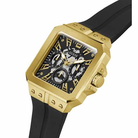 Guess LEO GW0637G2 Men's 42 mm Multi‑Function Watch – Gold‑Tone Square Case, Black Dial, Silicone Strap