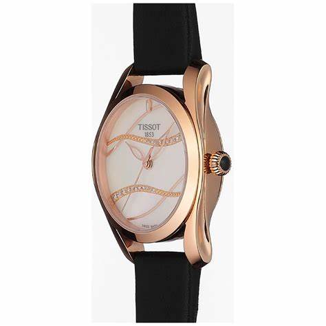 Tissot T-Wave T1122103611100 Damenuhr - Perlmutt-Zifferblatt, Rose Gold PVD Gehäuse, schwarzes Lederarmband