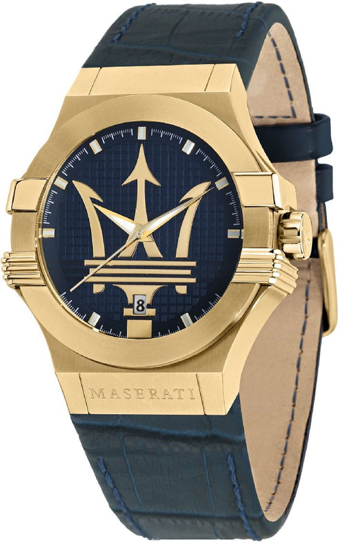 Maserati Potenza R8851108035 Men’s Quartz Watch – Gold‑Tone, Blue Leather