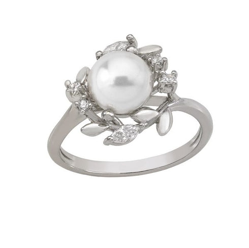 MAJORICAMajorica 16040 Women's Silver Ring with 8mm White Pearl & CZ LeavesBIJOUXEcecile