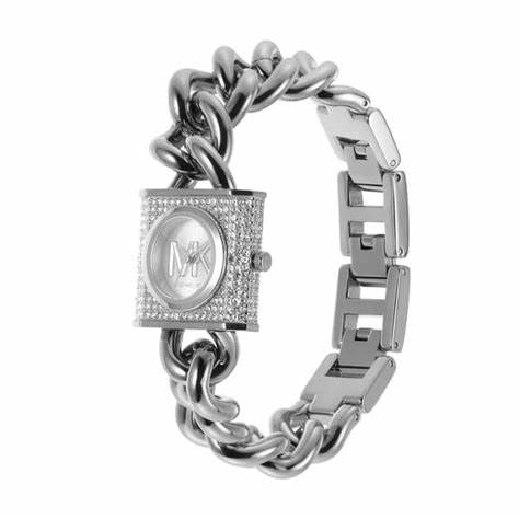 Michael Kors MK4718 Damen Silber-Ton Kette Schloss Uhr - Pavé Akzente