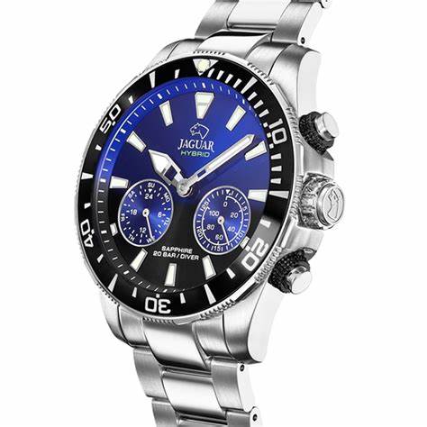 Jaguar Connected J888/6 Hybrid-Smartwatch für Herren - Edelstahlgehäuse, blaues Zifferblatt, Edelstahlarmband