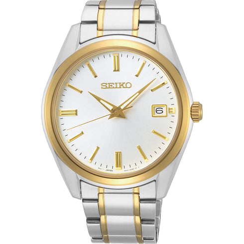 Reloj de cuarzo Seiko SUR312P1 para hombre: acero bicolor, esfera blanca y zafiro.