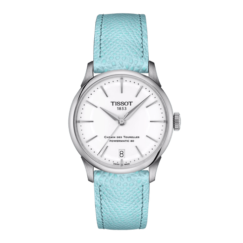 TISSOTTissot Chemin des Tourelles Powermatic 80 Women's Watch - 34mm Stainless Steel Case, White Dial, Light Blue Leather StrapWATCHESEcecile