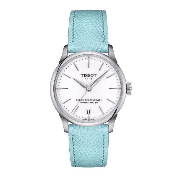 TISSOTTissot Chemin des Tourelles Powermatic 80 Women's Watch - 34mm Stainless Steel Case, White Dial, Light Blue Leather StrapWATCHESEcecile