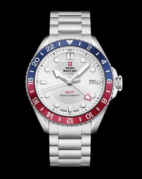SWISS MILITARYSwiss Military SM34095.02 Men's GMT Quartz Watch - Stainless Steel with Silver DialWATCHESEcecile