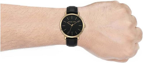 Michael Kors MK8737 Herrenuhr aus goldfarbenem Edelstahl, schwarzes Lederarmband, 42 mm