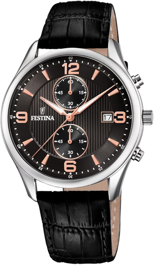 Festina F6855/7 Timeless Chronograph Men's Watch – Black Dial, Leather Strap