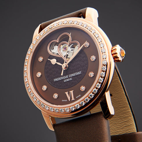 FREDERIQUE CONSTANTFrederique Constant Double Heart Beat FC - 310CDHB2PD4 Women's Watch - Rose Gold - Plated Case, Diamond - Set Bezel, Brown Satin StrapWATCHESEcecile