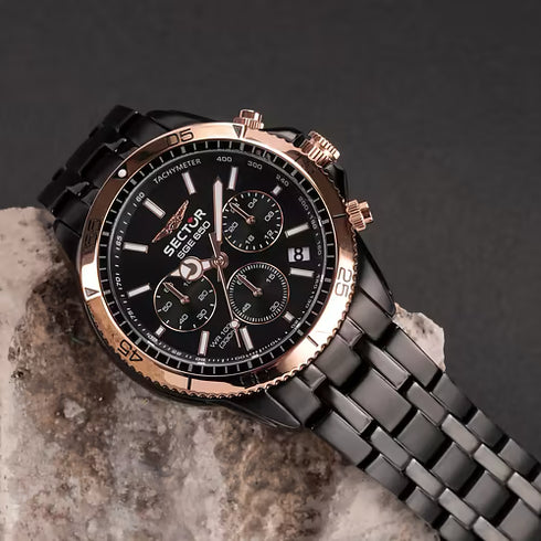 Sector SGE 650 R3273962004 Men's Chronograph Watch - 42mm Black Dial, Black Stainless Steel Bracelet