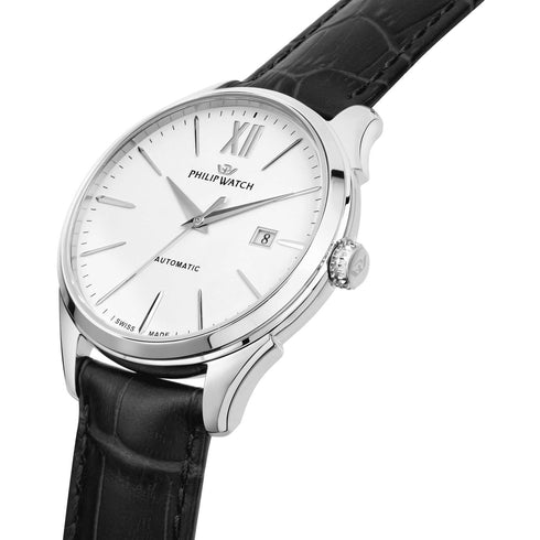 Philip Watch R8221217005 Roma Automatik Herrenuhr - 41mm, weißes Zifferblatt, schwarzes Leder