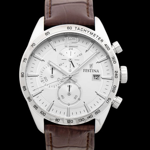 Festina F16760/1 Men’s Timeless Chronograph – Silver Dial, Brown Leather 43.5 mm