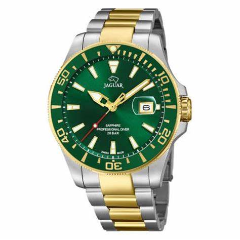 Montre de plongée suisse à quartz pour hommes Jaguar - Modèle J863/B, acier bicolore, cadran vert