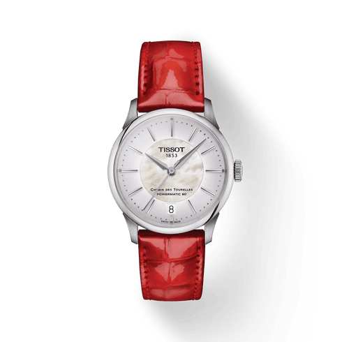 TISSOTTissot Chemin des Tourelles Powermatic 80 Women's Watch T1392071611100 - 34mm, Mother - of - Pearl Dial, Red Leather StrapWATCHESEcecile