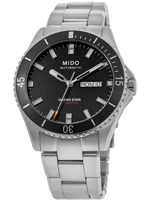 Mido Ocean Star 200 Men's Automatic Dive Watch - Stainless Steel, Black Dial, Day-Date Display