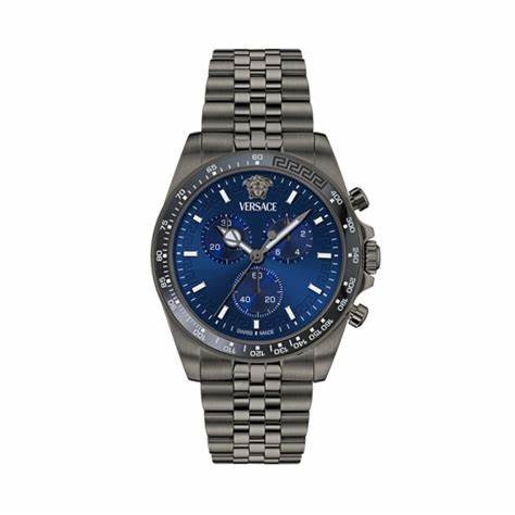 Versace Greca Chr Wave VE0H00625 Men’s Chronograph – Gunmetal, Blue Dial, 43 mm