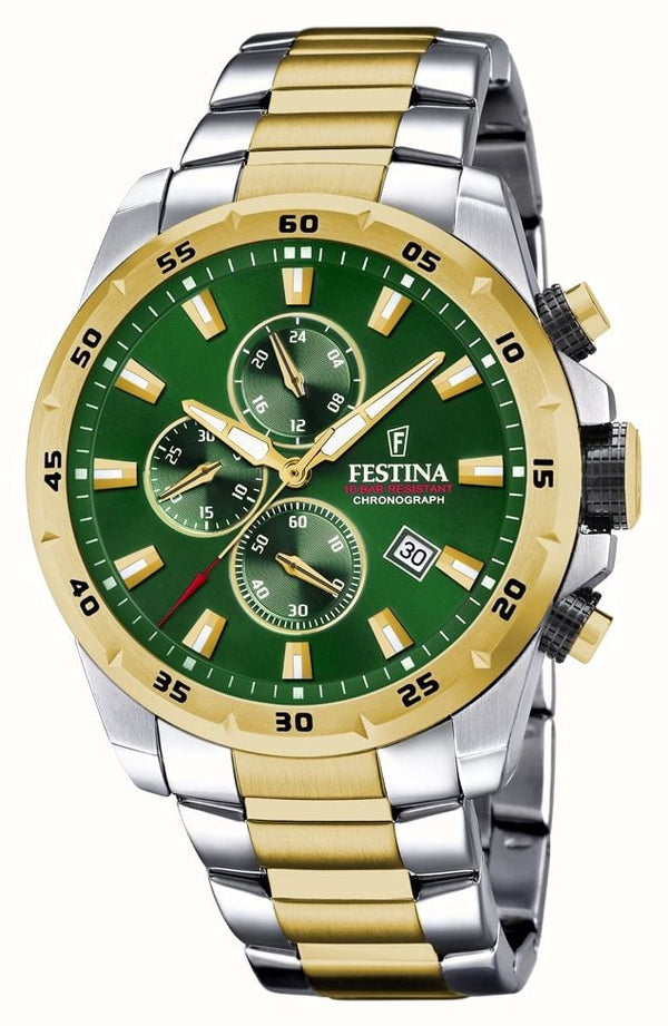 FESTINAFestina F20562/3 Chrono Sport Men's Watch – Green Dial, Two - Tone Steel, 45mmWATCHESEcecile