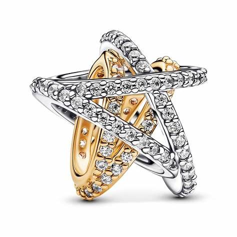 Pandora 763590C01 Sparkling Crossover Star Charm - Plata de ley bicolor y baño de oro de 14k con circonita cúbica