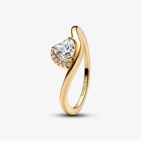 PANDORAPandora 163660C01 - 56 Wavy Heart Ring - 14k Gold - Plated with Heart - Shaped Cubic Zirconia, Size 56BIJOUXEcecile