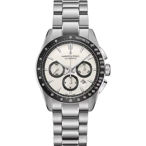 Hamilton Jazzmaster Performer Auto Chrono H36606110 - 42mm Edelstahl, weißes Zifferblatt, schwarze Lünette, Edelstahlarmband