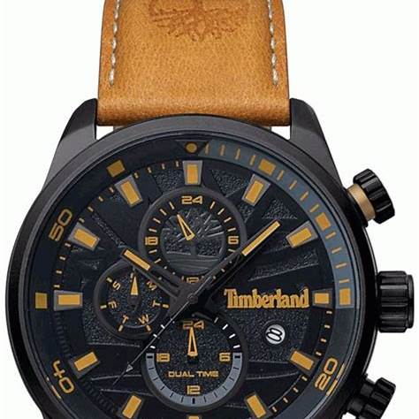 Timberland TBL14816JLB02 Henniker II Men's Watch – 46mm Black Stainless Steel Case, Brown Leather Strap, Dual Time, Day-Date, 5 ATM Water Resistance
