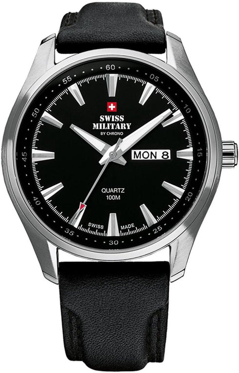SWISS MILITARYSwiss Military by Chrono SM34027.05 Men's Analog Quartz Watch - Black Dial, Stainless Steel Case, Leather StrapWATCHESEcecile