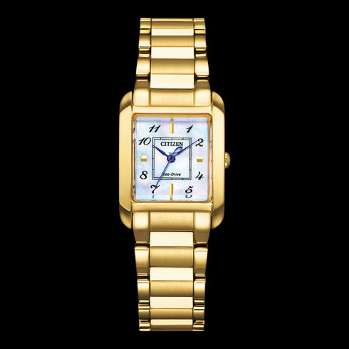Citizen EW5602-81D Ladies Eco-Drive Watch – Gold Rectangular, Sapphire