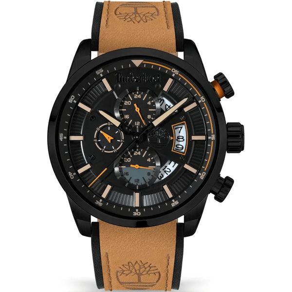 TIMBERLANDTimberland Callahan TDWGF2102603 Men's 46mm Black Dial Quartz Watch – Brown Leather StrapWATCHESEcecile