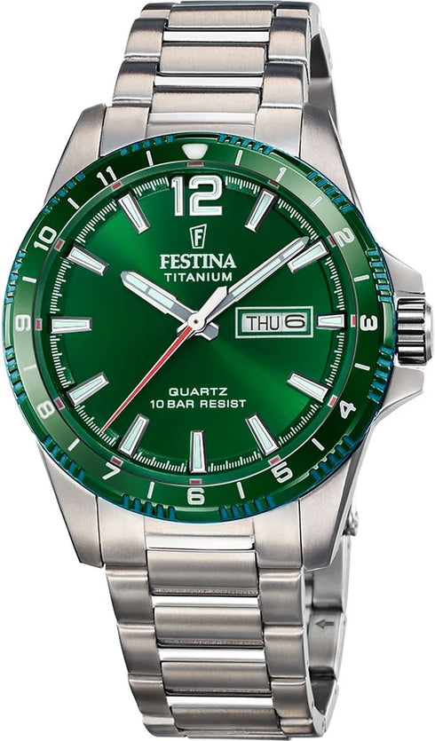 Festina Titanium Date F20698/3 Men's 43 mm Quartz Watch – Green Dial, Day‑Date, Full Titanium, 100 m