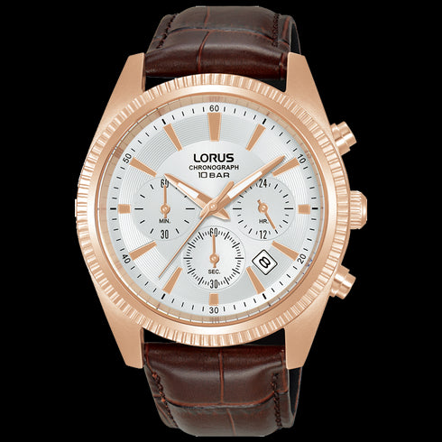 Lorus RT304LX9 Solar Chronograph Watch – Rose Gold, Brown Leather, 42 mm