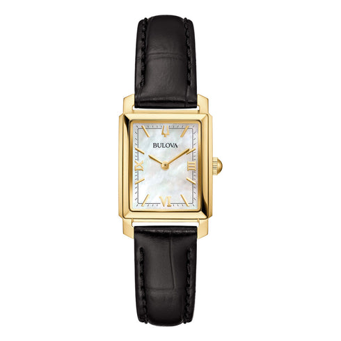 Bulova 97L173 Reloj Mujer - Caja dorada, correa de piel negra, esfera nacarada