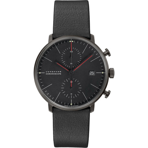 JUNGHANSJunghans Max Bill Chronoscope Bauhaus Men's Watch 027/4409.02 – 40mm Black PVD - Coated Stainless Steel Case, Black Dial, Black Leather StrapWATCHESEcecile