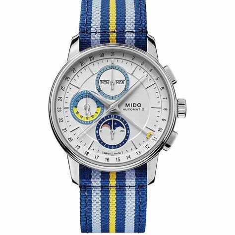 Mido Baroncelli Chronograph Moonphase M027.625.17.031.00 Montre Homme Automatique - Cadran argenté, bracelet cuir bleu