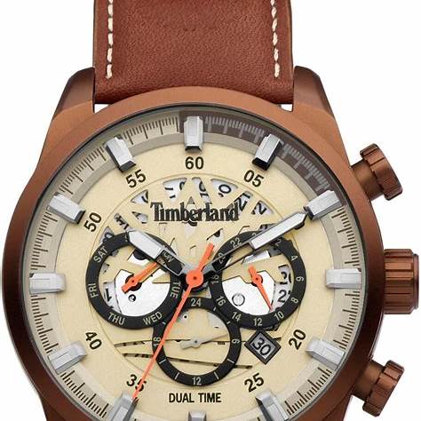 Timberland Henniker III Men's Dual-Time Watch TDWGF2100604 - Boîtier en acier inoxydable IP marron, cadran beige, bracelet en cuir marron
