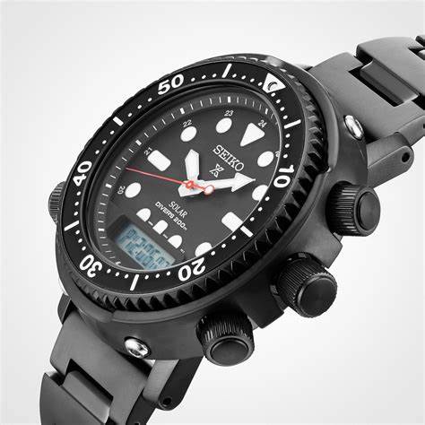 Seiko SNJ037P1 Reloj de buceo Prospex Solar para hombre - Esfera negra, Acero inoxidable negro