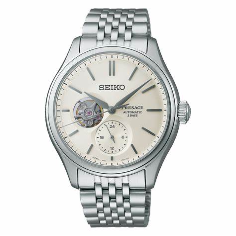 Seiko Presage SPB469J1 Reloj automático para hombre - Caja de acero inoxidable de 40,2 mm, esfera blanca con textura de seda, diseño de corazón abierto