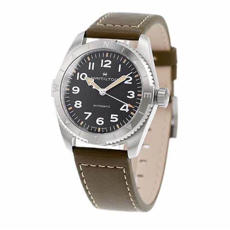 Hamilton Khaki Field Expedition Auto H70225830 - 37mm acier inoxydable, cadran noir, bracelet en cuir vert
