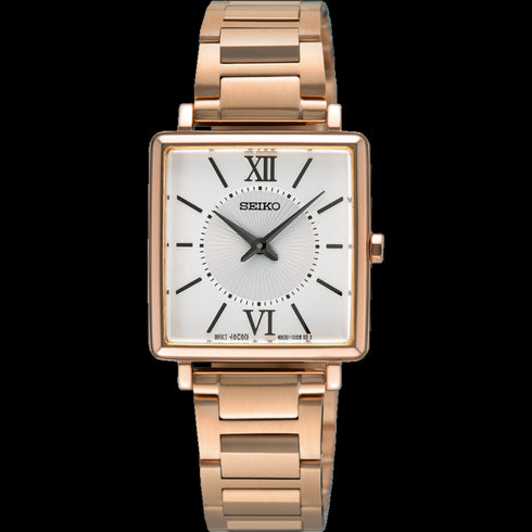 Reloj clásico de cuarzo para mujer Seiko SWR112P1: caja de oro rosa y esfera blanca.